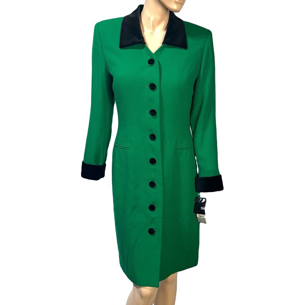 Kasper ASL Vintage Green Blazer Coat Dress Size 8 Velour Collar & Cuffs NWT